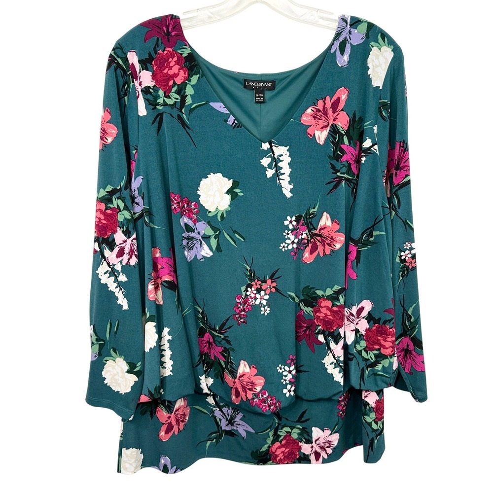 Lane Bryant Plus Size 18/20W Top Teal Floral Bubble Hem Boho Office Feminine 148